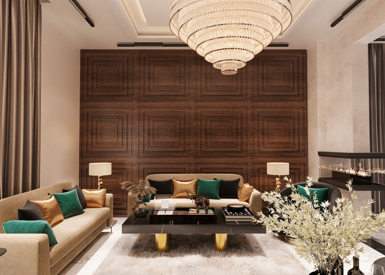 services-01 Elegant modern living room featuring a luxurious chandelier and contemporary furniture.